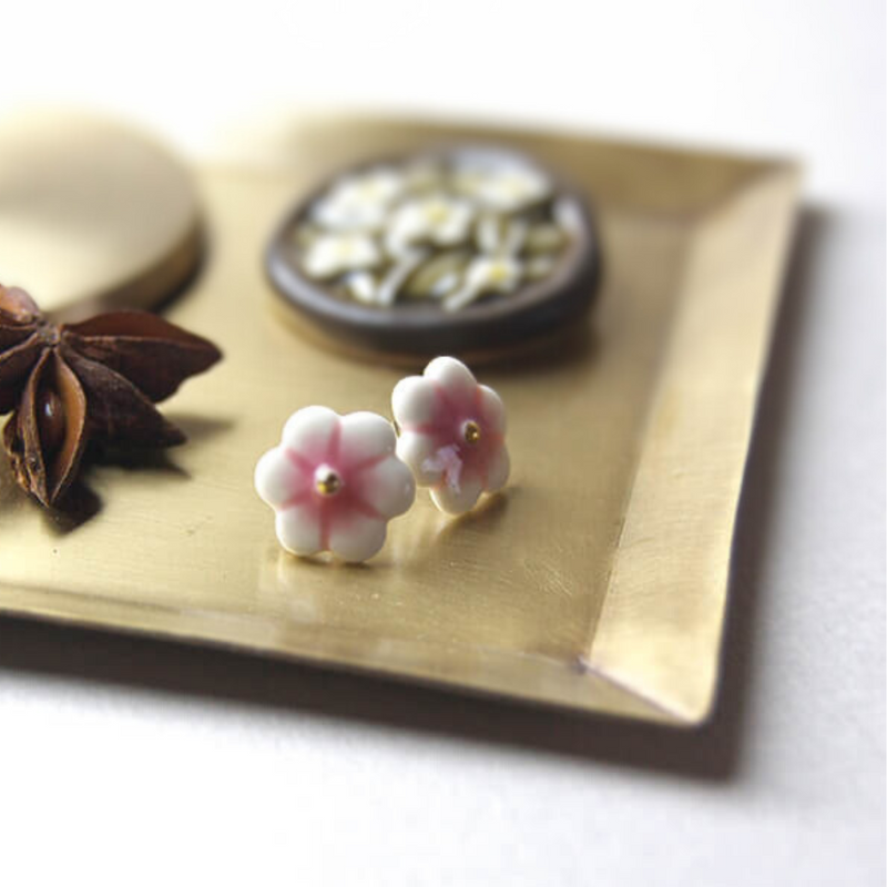 Mino Ware Ceramic Earrings - Small Flower Series (White Plum)